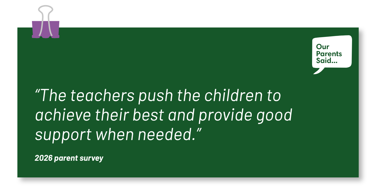 “The teachers push the children to achieve their best and provide good support when needed.”  2026 Parent Survey Quote